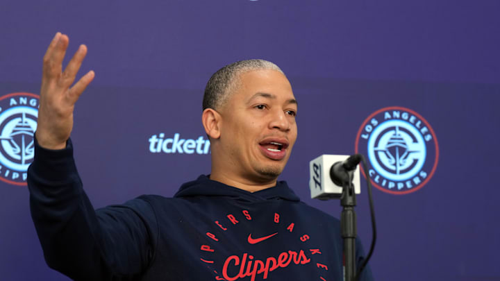 Nov 18, 2024; Inglewood, California, USA; LA Clippers coach Tyronn Lue at a press conference at Intuit Dome. 