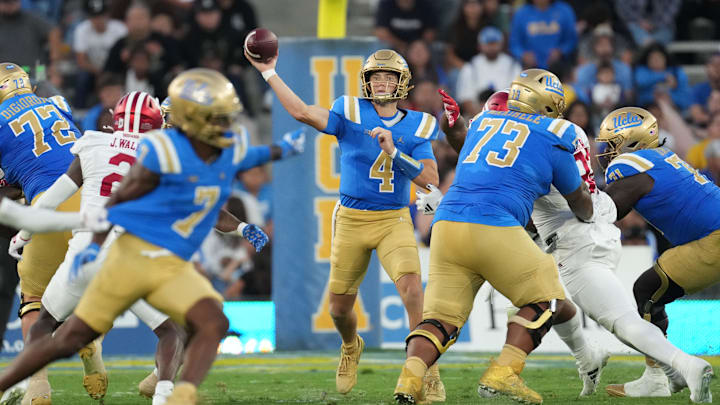 UCLA Bruins quarterback Ethan Garbers (4) throws a pass in the second half against the Indiana Hoosiers at Rose Bowl. Garbers was part of several controversial penalties called against Indiana on Saturday.