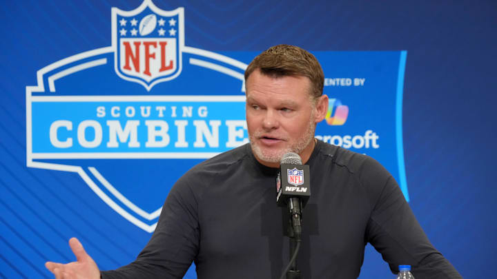 Feb 25, 2025; Indianapolis, IN, USA; Indianapolis Colts general manager Chris Ballard speaks during the NFL Scouting Combine at the Indiana Convention Center. Mandatory Credit: Kirby Lee-Imagn Images