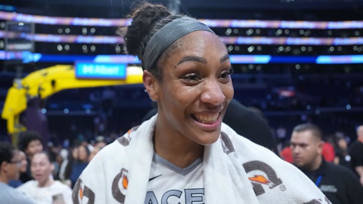 Jul 29, 2025; Los Angeles, California, USA; Las Vegas Aces center A'ja Wilson (22) reacts after the game against the LA Sparks at Crypto.com Arena. Jul 29, 2025; Los Angeles, California, USA; Las Vegas Aces center A'ja Wilson (22) reacts after the game against the LA Sparks at Crypto.com Arena.