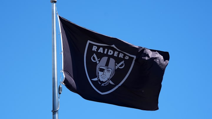 Jul 24, 2025; Henderson, NV, USA; A Las Vegas Raiders shield logo flag at the Intermountain Healthcare Performance Center. Mandatory Credit: Kirby Lee-Imagn Images