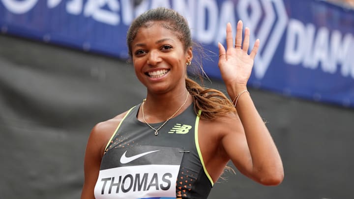 Jul 20, 2024; London, United Kingdom; Gabrielle Thomas aka Gabby Thomas (USA) poses after winning the women's 200m in a meet record 21.82 during the London Athletics Meet at London Stadium. 