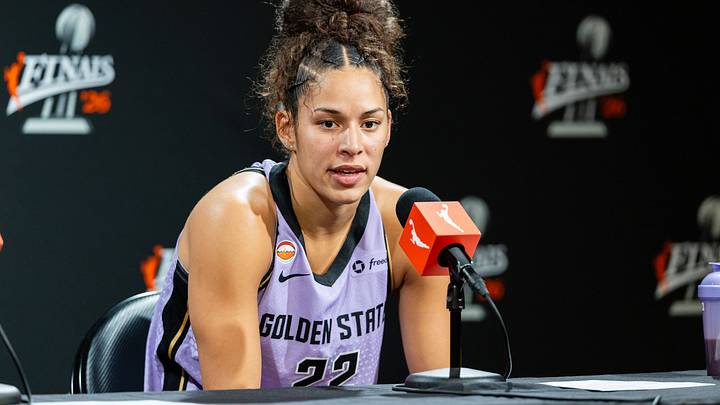 Veronica Burton 22 of the Golden State Valkyries speaks with media after a loss in Game Two of the WNBA Finals. Veronica Burton 22 of the Golden State Valkyries speaks with media after a loss in Game Two of the WNBA Finals.