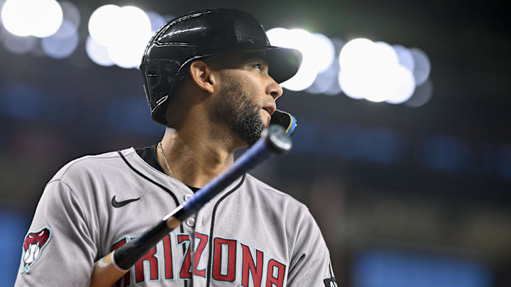 Aug 11, 2025; Arlington, Texas, USA; Arizona Diamondbacks designated hitter Lourdes Gurriel Jr. (12) during the game between the Texas Rangers and the Arizona Diamondbacks at Globe Life Field. Mandatory Credit: Jerome Miron-Imagn Images