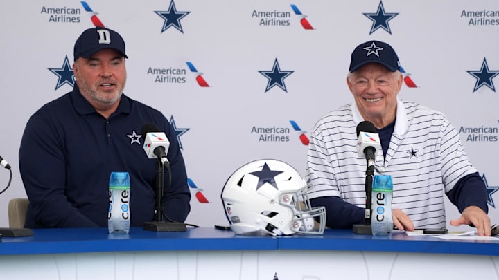 Dallas Cowboys coach Mike McCarthy and owner Jerry Jones at training camp press conference.