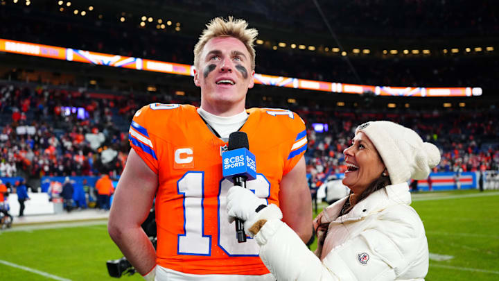 Jan 5, 2025; Denver, Colorado, USA; CBS Sports reporter Tracy Wolfson interviews Denver Broncos quarterback Bo Nix (10) following the win against the Kansas City Chiefs at Empower Field at Mile High. Mandatory Credit: Ron Chenoy-Imagn Images