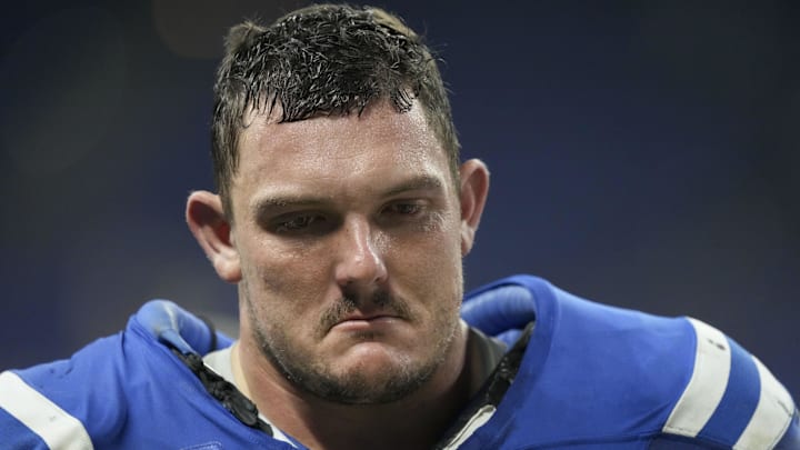 Jan 5, 2025; Indianapolis, Indiana, USA; Indianapolis Colts center Ryan Kelly (78) leaves the field after defeating the Jacksonville Jaguars 26-23 in overtime at Lucas Oil Stadium. Mandatory Credit: Grace Hollars/USA TODAY Network via Imagn Images