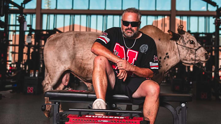 Nebraska head coach Matt Rhule's iconic picture with a bull inside the Tom Osborne Legacy Complex. 