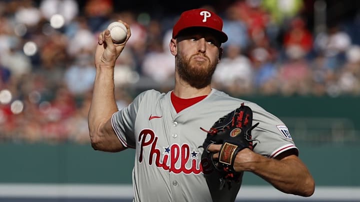 Sep 28, 2024; Washington, District of Columbia, USA; Philadelphia Phillies starting pitcher Zack Wheeler (45) pitches against the Washington Nationals during the first inning at Nationals Park