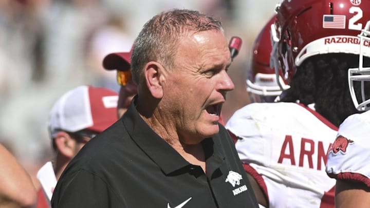Arkansas Razorbacks coach Sam Pittman speaks during a timeout during the first quarter of the game against the Mississippi State Bulldogs at Davis Wade Stadium at Scott Field.