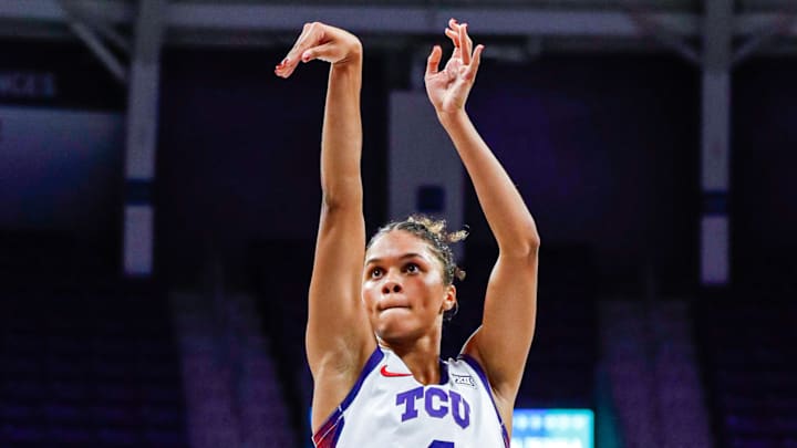 Donovyn Hunter shoots the ball in No. 8 TCU's 84-56 win over Incarnate Word on Wednesday, December 6, 2025.