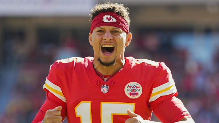 Oct 19, 2025; Kansas City, Missouri, USA; Kansas City Chiefs quarterback Patrick Mahomes (15) gets ready prior to a game against the Las Vegas Raiders at GEHA Field at Arrowhead Stadium. Mandatory Credit: Jay Biggerstaff-Imagn Images