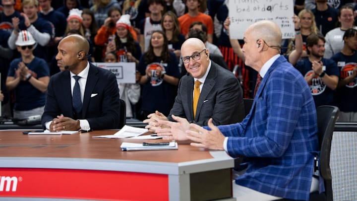 Announcers Jay Williams, from left, Seth Greenberg and Jay Bilas talk during ESPN GameDay at Neville Arena in Auburn, Ala., on Saturday, Jan. 25, 2025.