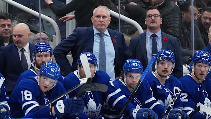 Nov 5, 2025; Toronto, Ontario, CAN; Toronto Maple Leafs head coach Craig Berube watches the play against the Utah Mammoth during the third period at Scotiabank Arena. Mandatory Credit: Nick Turchiaro-Imagn Images