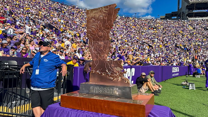 Golden Boot Trophy in the endzone as the LSU Tigers take on the Arkansas Razorbacks. November 15, 2025; Baton Rouge, Louisiana, USA; at Tiger Stadium. Golden Boot Trophy in the endzone as the LSU Tigers take on the Arkansas Razorbacks. November 15, 2025; Baton Rouge, Louisiana, USA; at Tiger Stadium.