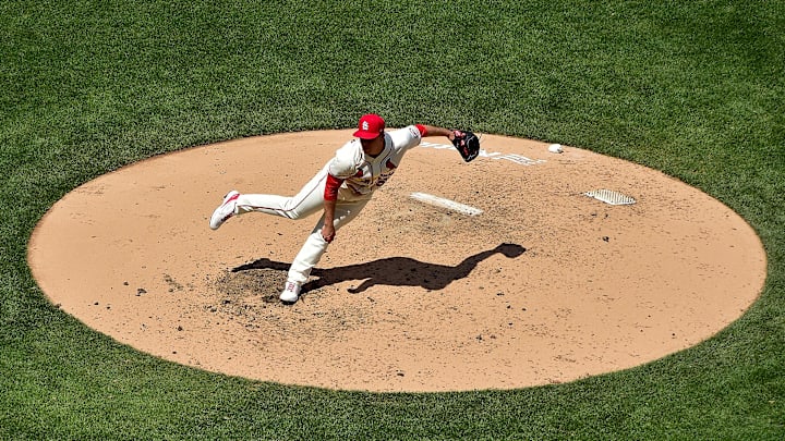 Jun 5, 2021; St. Louis, Missouri, USA;  St. Louis Cardinals relief pitcher Ryan Helsley (56) pitches during the fifth inning against the Cincinnati Reds at Busch Stadium. Mandatory Credit: Jeff Curry-Imagn Images