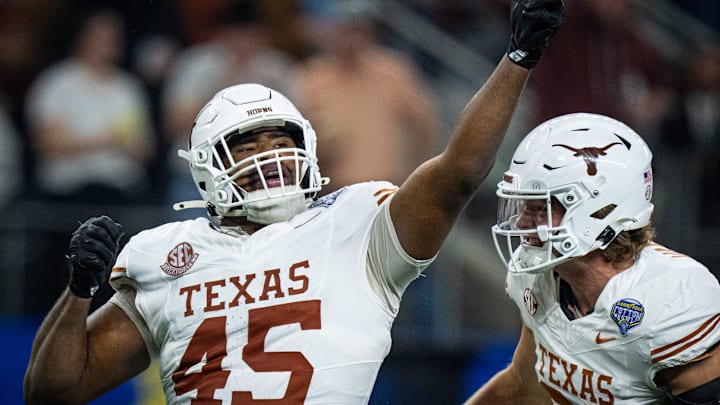 Texas Longhorns defensive lineman Vernon Broughton celebrates a quarterback sack Texas Longhorns defensive lineman Vernon Broughton celebrates a quarterback sack