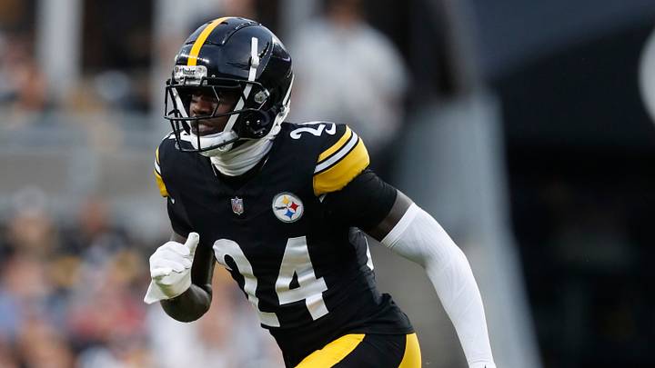Aug 17, 2024; Pittsburgh, Pennsylvania, USA; Pittsburgh Steelers cornerback Joey Porter Jr. (24) pass rushes at the line of scrimmage against the Buffalo Bills during the second quarter at Acrisure Stadium. Mandatory Credit: Charles LeClaire-USA TODAY Sports Aug 17, 2024; Pittsburgh, Pennsylvania, USA; Pittsburgh Steelers cornerback Joey Porter Jr. (24) pass rushes at the line of scrimmage against the Buffalo Bills during the second quarter at Acrisure Stadium. Mandatory Credit: Charles LeClaire-USA TODAY Sports