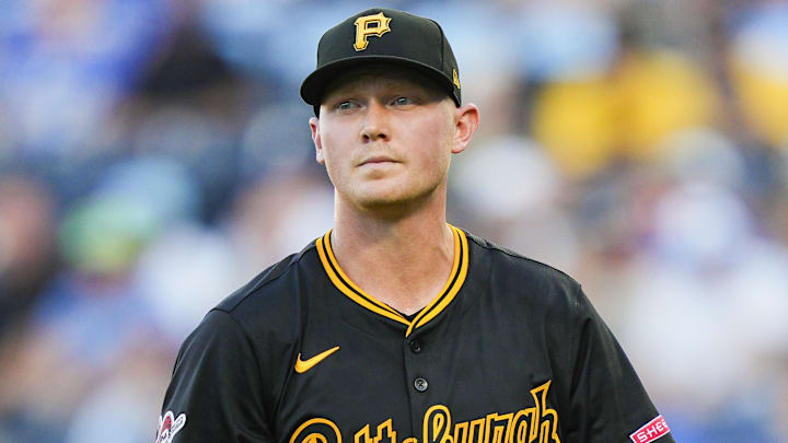 Jul 8, 2025; Kansas City, Missouri, USA; Pittsburgh Pirates starting pitcher Mitch Keller (23) walks off the field after the first inning against the Kansas City Royals at Kauffman Stadium. Mandatory Credit: Jay Biggerstaff-Imagn Images