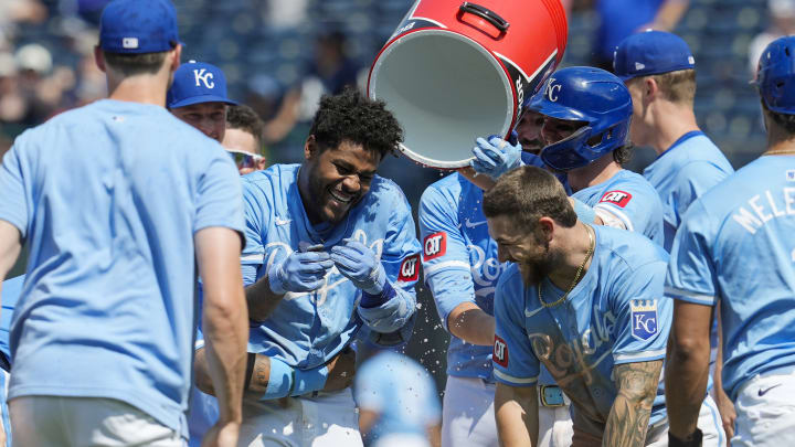 Jun 13, 2024; Kansas City, Missouri, USA; Kansas City Royals third baseman Maikel Garcia (11) celebrates with teammates after defeating the New York Yankees at Kauffman Stadium.