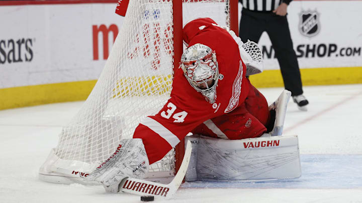 Apr 9, 2024; Detroit, Michigan, USA; Detroit Red Wings goaltender Alex Lyon (34) makes a save in the third period against the Washington Capitals at Little Caesars Arena. Mandatory Credit: Rick Osentoski-USA TODAY Sports