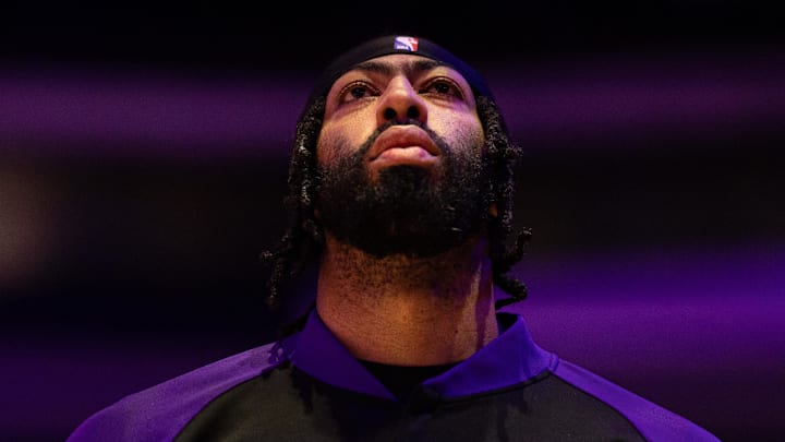 Jan 28, 2025; Philadelphia, Pennsylvania, USA; Los Angeles Lakers forward Anthony Davis stands for the anthem before action against the Philadelphia 76ers at Wells Fargo Center. Mandatory Credit: Bill Streicher-Imagn Images