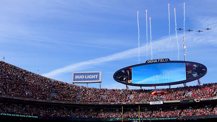 Military planes flyover as fireworks are fired before the first quarter during the AFC championship NFL football game between the Cincinnati Bengals and the Kansas City Chiefs, Sunday, Jan. 30, 2022, at GEHA Field at Arrowhead Stadium in Kansas City, Missouri.