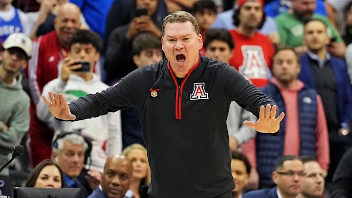 Mar 27, 2025; Newark, NJ, USA; Arizona Wildcats head coach Tommy Lloyd during the second half against the Duke Blue Devils during an East Regional semifinal of the 2025 NCAA tournament at Prudential Center. Mandatory Credit: Robert Deutsch-Imagn Images