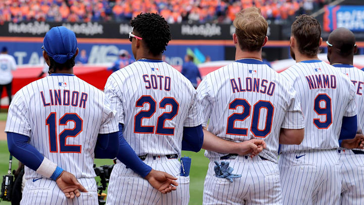 Apr 4, 2025; New York City, New York, USA; New York Mets shortstop Francisco Lindor (12) and right fielder Juan Soto (22) and first baseman Pete Alonso (20) and left fielder Brandon Nimmo (9) stand for the national anthem before the Mets home opener against the Toronto Blue Jays at Citi Field. Mandatory Credit: Brad Penner-Imagn Images Apr 4, 2025; New York City, New York, USA; New York Mets shortstop Francisco Lindor (12) and right fielder Juan Soto (22) and first baseman Pete Alonso (20) and left fielder Brandon Nimmo (9) stand for the national anthem before the Mets home opener against the Toronto Blue Jays at Citi Field. Mandatory Credit: Brad Penner-Imagn Images