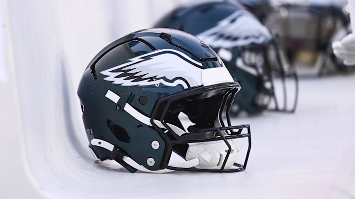 Aug 15, 2024; Foxborough, MA, USA; Philadelphia Eagles helmets sit on the bench during the first half against the New England Patriots at Gillette Stadium. Mandatory Credit: Eric Canha-Imagn Images