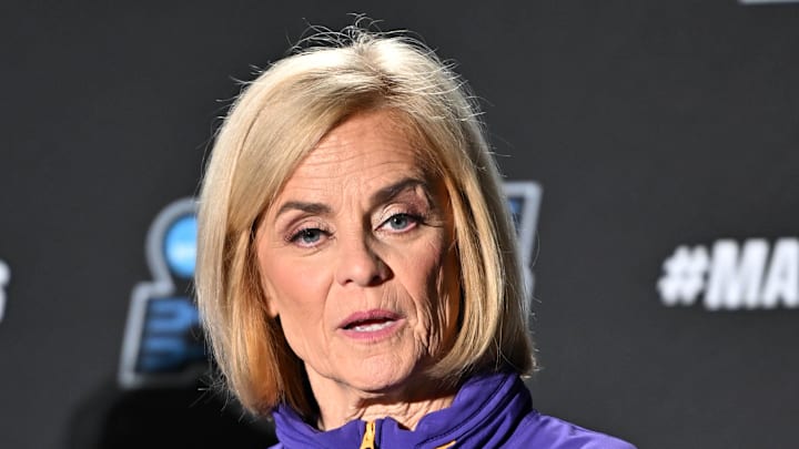 Mar 27, 2025; Spokane, WA, USA; LSU Lady Tigers head coach Kim Mulkey talks with media during an NCAA Tournament practice session at Spokane Arena. Mandatory Credit: James Snook-Imagn Images