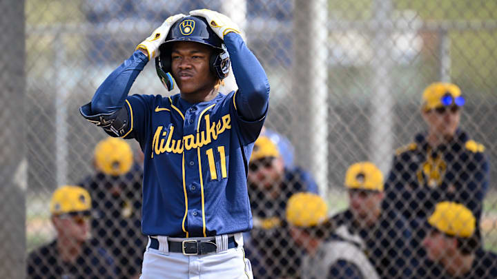 Milwaukee Brewers shortstop prospect Jesus Made prepares to hit during spring training workouts Monday, February 17, 2025, at American Family Fields of Phoenix in Phoenix, Arizona.