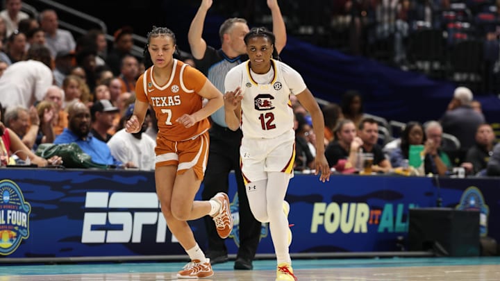Apr 4, 2025; Tampa, FL, USA; South Carolina Gamecocks guard MiLaysia Fulwiley (12) reacts after a shot against the Texas Longhorns during the second quarter in a semifinal of the women's 2025 NCAA tournament at Amalie Arena. Mandatory Credit: Nathan Ray Seebeck-Imagn Images Apr 4, 2025; Tampa, FL, USA; South Carolina Gamecocks guard MiLaysia Fulwiley (12) reacts after a shot against the Texas Longhorns during the second quarter in a semifinal of the women's 2025 NCAA tournament at Amalie Arena. Mandatory Credit: Nathan Ray Seebeck-Imagn Images