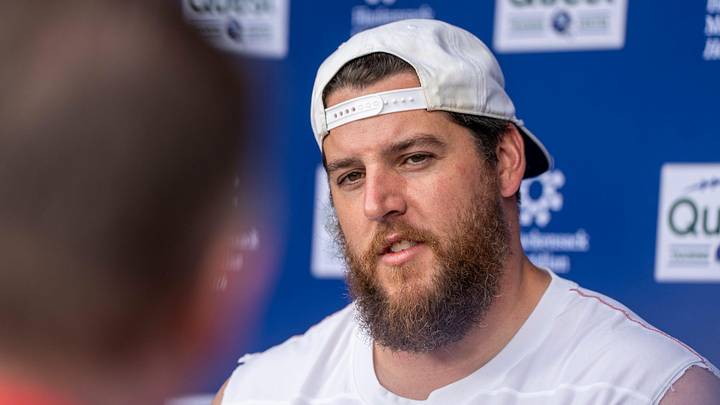 Greg Van Roten, a guard with the NY Giants, speaks to the press after a practice at Quest Diagnostics Training Center, East Rutherford, NJ, May 28, 2025.