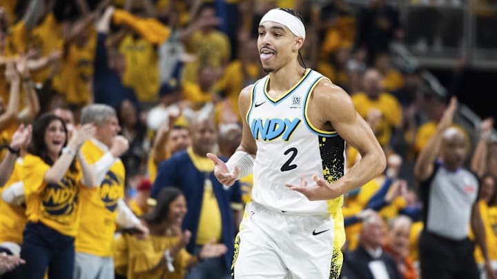 Indiana Pacers guard Andrew Nembhard (2) celebrates a made basket in the first half against the Milwaukee Bucks at Gainbridge Fieldhouse. 