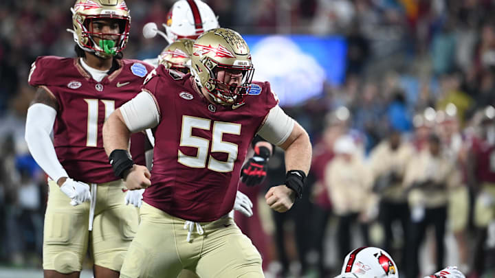 Dec 2, 2023; Charlotte, NC, USA; Florida State Seminoles defensive lineman Braden Fiske (55) reacts Dec 2, 2023; Charlotte, NC, USA; Florida State Seminoles defensive lineman Braden Fiske (55) reacts