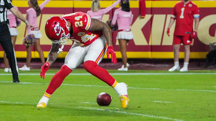 Oct 7, 2024; Kansas City, Missouri, USA; Kansas City Chiefs wide receiver Skyy Moore (24) drops a punt return against the New Orleans Saints during the first half at GEHA Field at Arrowhead Stadium. Mandatory Credit: Denny Medley-Imagn Images