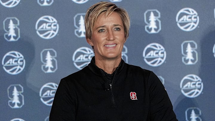 Oct 9, 2024; Charlotte, NC, USA;  Stanford head coach Kate Paye during ACC Media Days at The Hilton Charlotte Uptown. Mandatory Credit: Jim Dedmon-Imagn Images