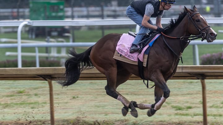 Kentucky Oaks hopeful Simply Joking rises off the ground during a morning workout at Churchill Downs. Photo by Pat McDonogh. April 25, 2025