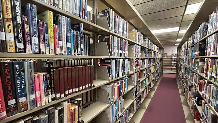 Books line the shelves at the Bayliss Public Library in Sault Ste. Marie.