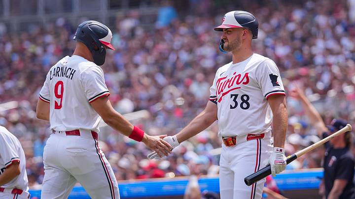 Jul 12, 2025; Minneapolis, Minnesota, USA; Minnesota Twins outfielder Trevor Larnach (9) celebrates his run with designated hitter Matt Wallner (38) against the Pittsburgh Pirates in the second inning at Target Field. Mandatory Credit: Brad Rempel-Imagn Images Jul 12, 2025; Minneapolis, Minnesota, USA; Minnesota Twins outfielder Trevor Larnach (9) celebrates his run with designated hitter Matt Wallner (38) against the Pittsburgh Pirates in the second inning at Target Field. Mandatory Credit: Brad Rempel-Imagn Images