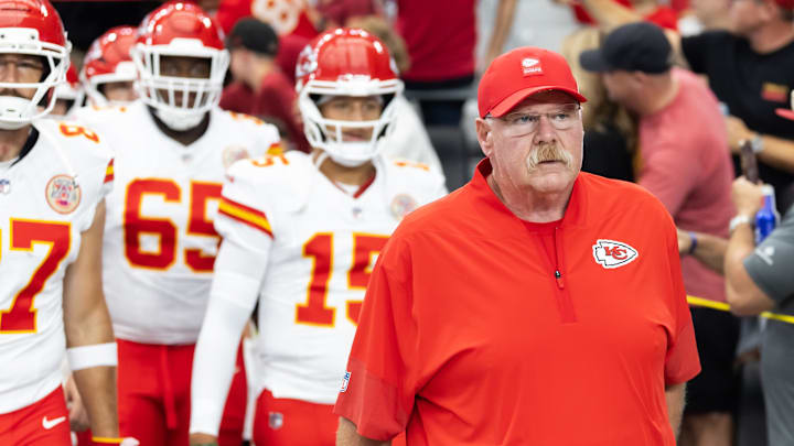 Aug 9, 2025; Glendale, Arizona, USA; Kansas City Chiefs head coach Andy Reid against the Arizona Cardinals during a preseason NFL game at State Farm Stadium. Mandatory Credit: Mark J. Rebilas-Imagn Images Aug 9, 2025; Glendale, Arizona, USA; Kansas City Chiefs head coach Andy Reid against the Arizona Cardinals during a preseason NFL game at State Farm Stadium. Mandatory Credit: Mark J. Rebilas-Imagn Images