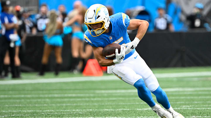 Sep 15, 2024; Charlotte, North Carolina, USA; Los Angeles Chargers wide receiver Ladd McConkey (15) with the ball in the first quarter at Bank of America Stadium. Mandatory Credit: Bob Donnan-Imagn Images