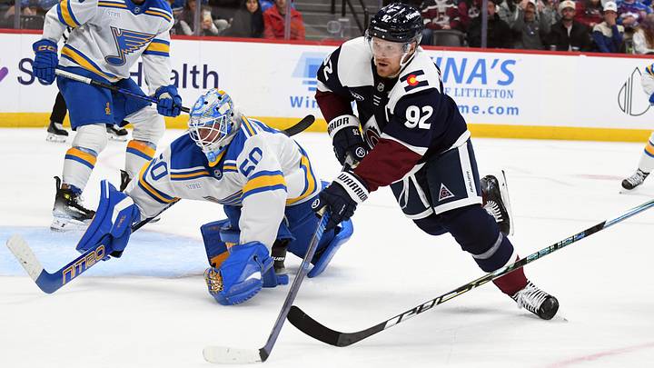 Oct 3, 2026; Denver, Colorado, USA; Colorado Avalanche left winger Gabriel Landeskog (92) works against St. Louis Blues goalie Jordan Binnington (50) for a loose puck during the second period at Ball Arena. Mandatory Credit: Christopher Hanewinckel-Imagn Images Oct 3, 2026; Denver, Colorado, USA; Colorado Avalanche left winger Gabriel Landeskog (92) works against St. Louis Blues goalie Jordan Binnington (50) for a loose puck during the second period at Ball Arena. Mandatory Credit: Christopher Hanewinckel-Imagn Images