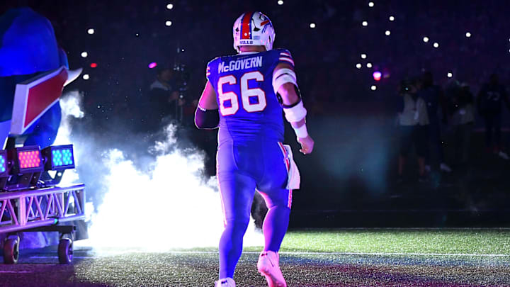 Sep 7, 2025; Orchard Park, New York, USA; Buffalo Bills guard Connor McGovern (66) enters the field before a game against the Baltimore Ravens at Highmark Stadium.