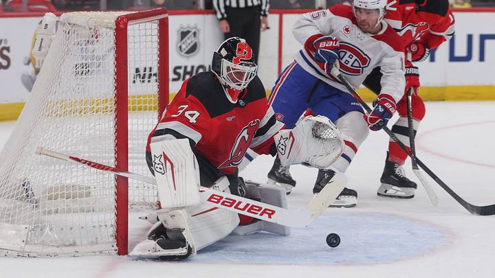Apr 4, 2026; Newark, New Jersey, USA; New Jersey Devils goaltender Jake Allen (34) makes a save against the Montréal Canadiens during the first period at Prudential Center. Mandatory Credit: Thomas Salus-Imagn Images Apr 4, 2026; Newark, New Jersey, USA; New Jersey Devils goaltender Jake Allen (34) makes a save against the Montréal Canadiens during the first period at Prudential Center. Mandatory Credit: Thomas Salus-Imagn Images
