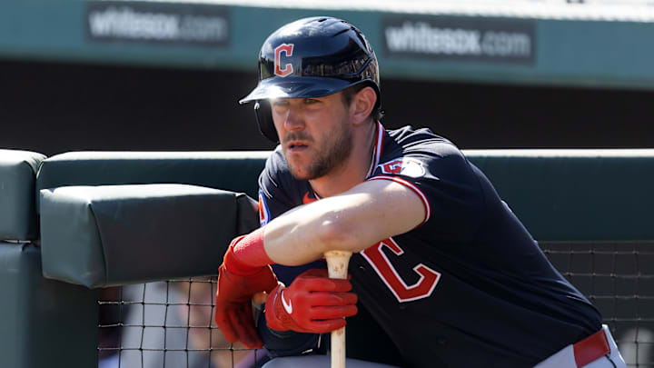 Feb 24, 2026; Phoenix, Arizona, USA; Cleveland Guardians outfielder Nolan Jones against the Los Angeles Dodgers during a spring training game at Camelback Ranch-Glendale. Mandatory Credit: Mark J. Rebilas-Imagn Images