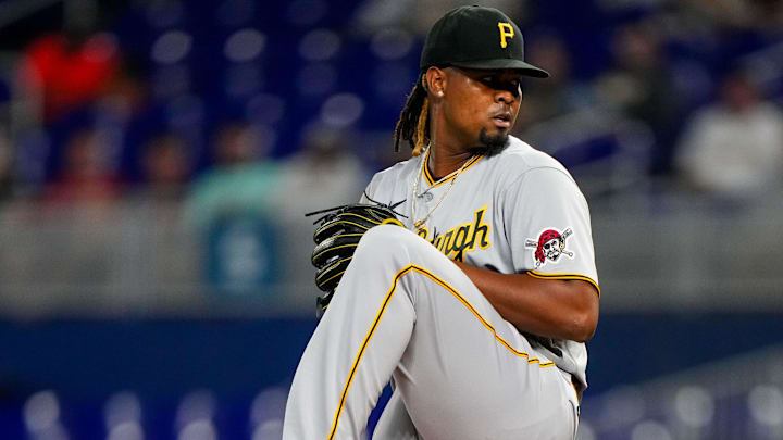 Jun 23, 2023; Miami, Florida, USA; Pittsburgh Pirates starting pitcher Luis Ortiz (48) throws a
