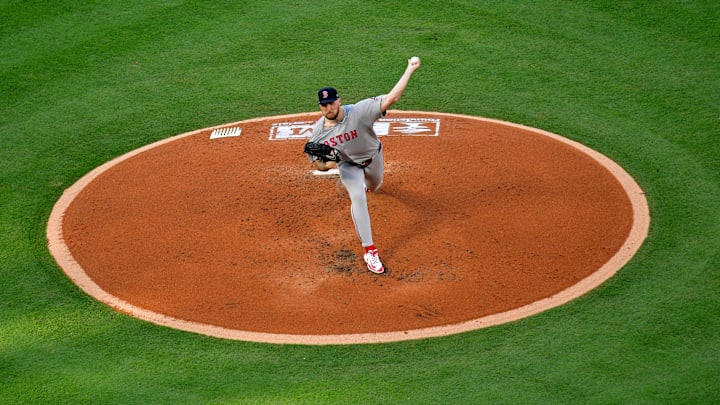 Jun 24, 2025; Anaheim, California, USA;  Boston Red Sox pitcher Garrett Crochet (35) throws against the Los Angeles Angels during the second inning at Angel Stadium. Mandatory Credit: Gary A. Vasquez-Imagn Images