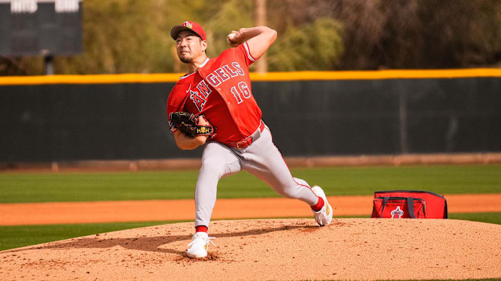 Feb 11, 2026; Tempe, AZ, USA;  Los Angeles Angels Yusei Kikuchi during pitchers and catchers workouts at Tempe Diablo Stadium in Tempe, Arizona. Mandatory Credit: Arianna Grainey-Imagn Images